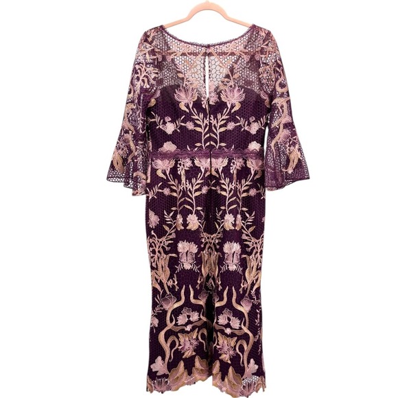Marchesa Notte Flutter Sleeve V-Neck Embroidered Guipure Lace Midi Dress Size 10 - Picture 10 of 13